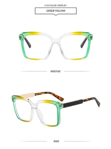 Vista frontal y lateral de gafas de sol cuadradas retro con degradado verde y amarillo