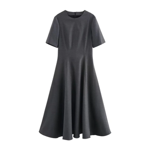 Short sleeve dark grey midi dress with waisted A-line flared skirt in a flat lay view
