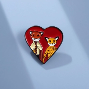 Cartoon Fox And Leopard Couple Heart Enamel Brooch Zinc Alloy Red Animal Badge Pin For Backpack Jacket Decorative Accessories