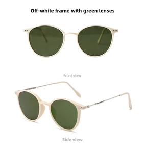 Front and side view of round cream sunglasses with green lenses and metal temples