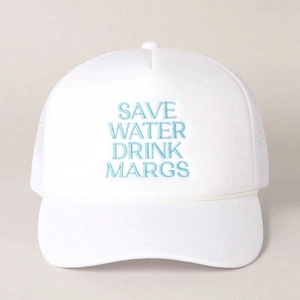 White trucker hat with blue Save Water Drink Margs embroidery and breathable mesh back