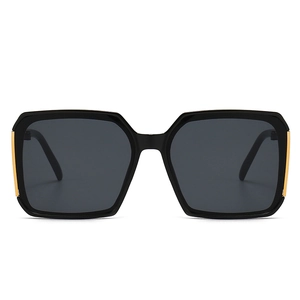 Classic black square oversized sunglasses with gold metal accents and dark grey lenses