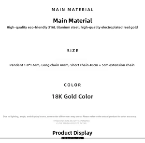 316L titanium steel necklace specifications with 18K gold plating and sizing details