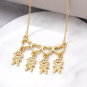 Gold heart link necklace for girls with four boy charms and sparkling zircon accents