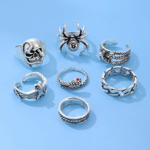 7pcs retro gothic ring set with skull spider snake and bat designs in antique silver finish