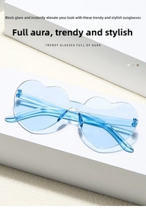 Detail of light blue heart-shaped rimless sunglasses on a modern geometric white pedestal