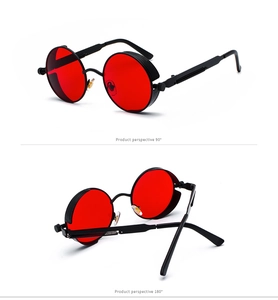 Detailed 90° and 180° views of retro steampunk round red lens sunglasses with black metal frames