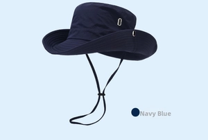 Navy blue quick-dry outdoor sun hat detail with adjustable windproof drawstring and metal eyelets