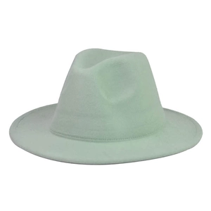 Detail view of mint green wool fedora with a wide brim and classic crown design