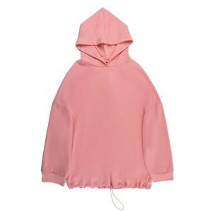 Pink hooded sweatshirt with adjustable drawstring hem and long sleeves in flat lay view