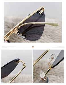 Detail of gold metal hinges and dark gradient lenses on rimless cat eye sunglasses