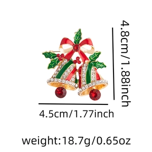 Detailed dimensions of the Christmas bell brooch with red bow and enamel holly leaves