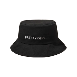 Classic black cotton bucket hat featuring white Pretty Girl embroidery for outdoor sun protection