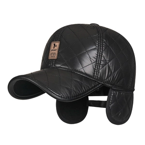 Winter black quilted PU leather baseball cap with thickened ear flaps for wind protection