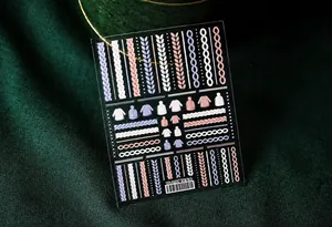 Macro shot of 3D knit sweater pattern nail stickers on a luxury silk background
