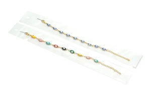 Detail of Turkish evil eye bracelets with gold lobster clasp and extension chain
