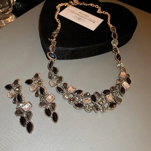 Water Drop Rhinestone Necklace And Earrings With Copper And Silver Earring Post Dark Gothic Luxury Geometric For Women