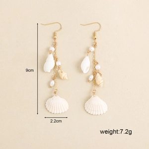 Bohemian beach seashell and pearl long tassel drop earrings in gold finish for women