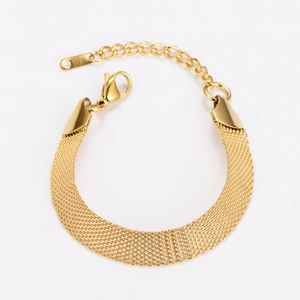 Macro shot of 10mm gold mesh watchband bracelet with lobster clasp and adjustable chain