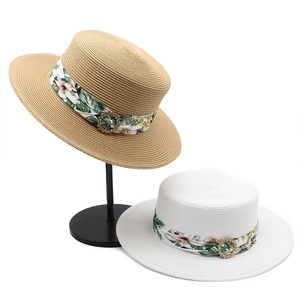 Chapeau Boater Femmes Paille Papier Été Ruban Imprimé Floral Boucle Strass Protection Solaire Plage Élégant
