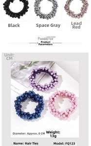 Detail of 8cm elastic hair ties with colorful pearls in black, purple, and blue styles
