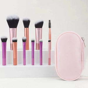 Portable 10-piece makeup brush set with soft bristles and pink oval travel zipper case