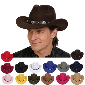 Vintage Western Cowboy Hat For Men Women Wide Brim Fedora Hat With Decorative Belt Solid Color Polyester Autumn Winter Party Hat