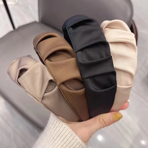 Ruched Satin Pleated Wide Headband Fabric Solid Color Elegant Hair Hoop Accessories For Women