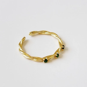 Adjustable gold plated 925 silver ring featuring a braided band and three green zircons