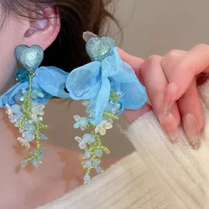 Heart Chiffon Flower Tassel Dangling Earrings With Silver Earring Post Forest Style Elegant Sweet Jewelry For Women
