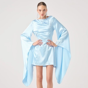 Elegant light blue satin mini dress with oversized split flare sleeves and slim fit design