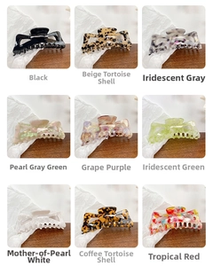 Collage of large acetate hair claws in nine colors including tortoiseshell and pearl tones