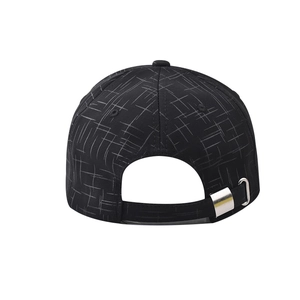 Detail of adjustable silver buckle on a black grid pattern baseball cap with back view
