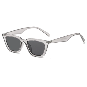 Retro cat-eye sunglasses with transparent grey frames and dark grey lenses for women