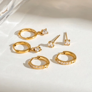 Three-pair set of gold stainless steel rhinestone hoop earrings and stud earrings