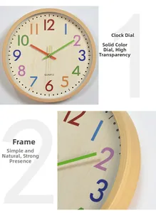 Detail of 12-inch wall clock featuring a bamboo texture frame and colorful numeral dial