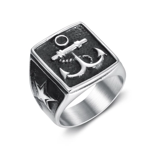 Vintage stainless steel pirate anchor ring with silver finish and black relief detail