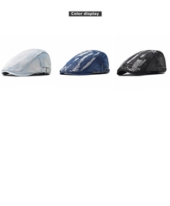 Detail of distressed denim flat caps showing washed textures and side metal buckles