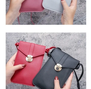 Mini PU leather crossbody phone bags in pink, gray, red, and black with metal locks