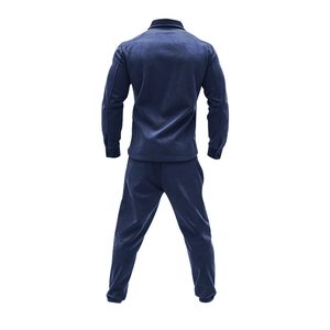 Detail view of navy blue velvet tracksuit set showing jacket back and trousers