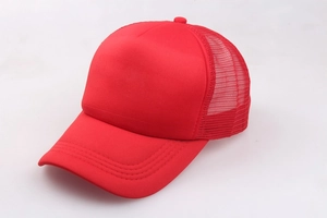 Side view of red mesh trucker hat with breathable fabric and curved brim design