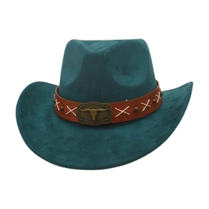 Dunkelgrüner Western-Cowboyhut mit Lederband und Vintage-Metall-Bullenschädel-Emblem