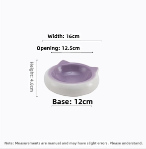 Detailed size chart of the white and lavender ceramic cat ear shaped pet bowl