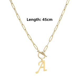Detail of 45cm gold OT toggle necklace with a script letter A pendant and oval link chain