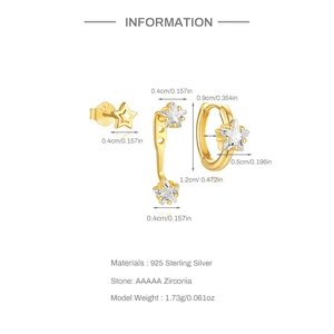Detailed S925 sterling silver star earring set dimensions and material specifications
