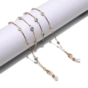 Stylish gold metal eyewear chain with blue millefiori evil eye charms for sunglasses
