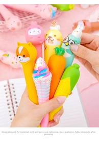 Close-up of slow-rebound squishy cartoon pens in various cute animal and food shapes