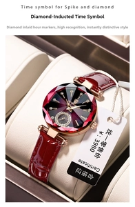 Detailed close-up of a women's quartz watch with red leather strap and diamond-cut glass