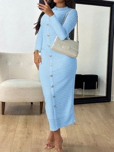 Elegant light blue long sleeve textured dress with gold buttons and slim fit style