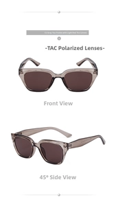 Detail view of square polarized sunglasses with grey-tea frames and size 52-22-145 specs